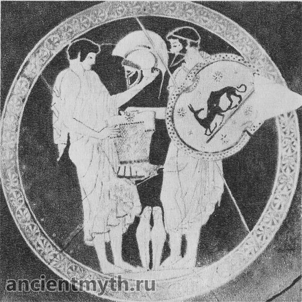 Odysseus hands the weapons of Achilles to Neoptolemus