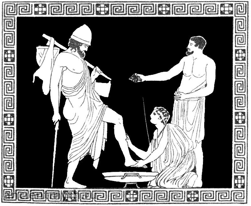 女中エウリュクレイアはオデュッセウスの足を洗う