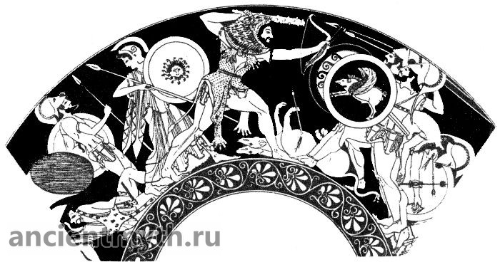 Hercules fights with the three-headed giant Geryon