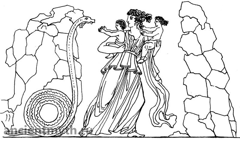 The serpent Python is chasing Latona and her children, Apollo and Artemis.