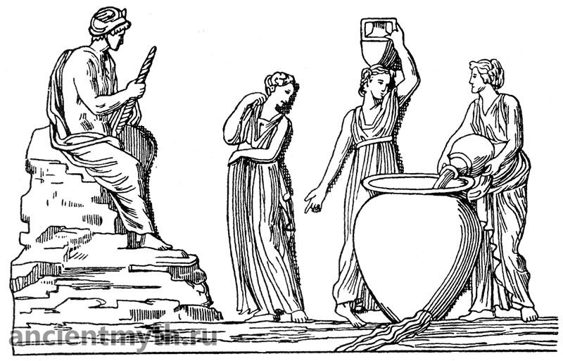 Danaids no submundo de Hades enchem um recipiente sem fundo com água; à sua esquerda, em uma rocha, o deus Hermes senta