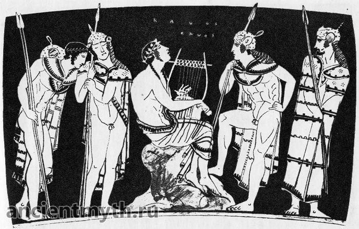 Orpheus sings to the Thracians, accompanying himself on the kithara