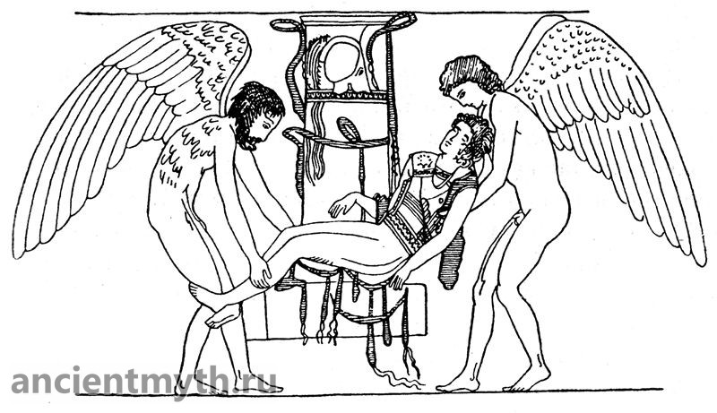 タナトスとヒプノスはサルペドンの死体を運ぶ