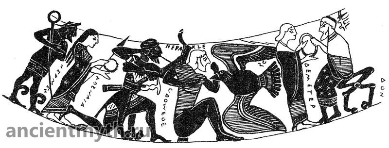 ヘラクレスは弓からの矢で鷲を殺し、プロメテウスの胸を苦しめます